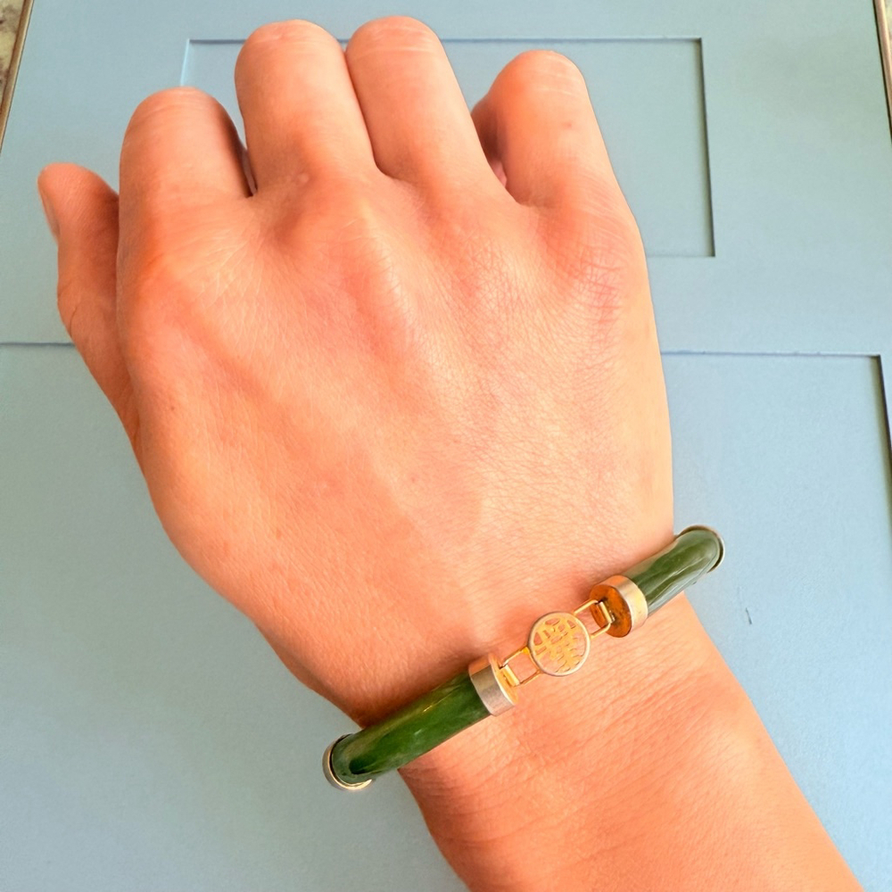 4 Lucky Wishes Natural Green Jade Nephrite Gold Tone Link Vintage Bracelet - Picture 3 of 9